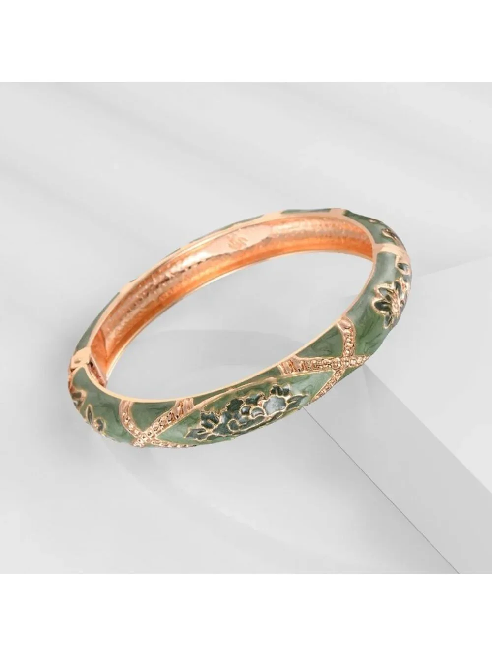 Gorgeous Vintage Cloisonne Enameled Rhinestone Rose Hinged Cuff Bracelet